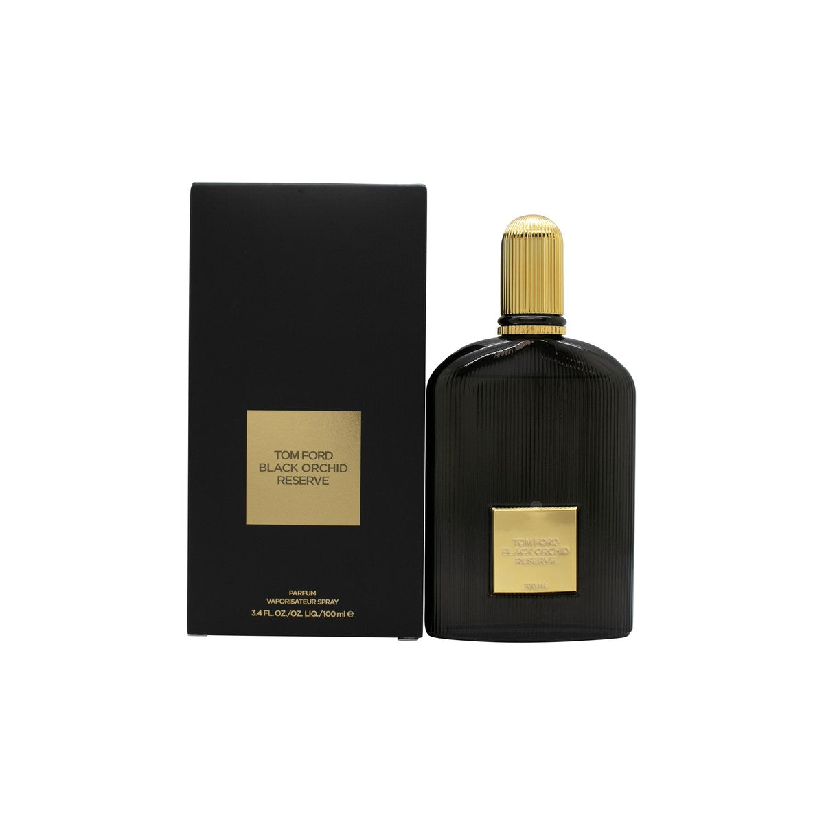 Tom Ford Black Orchid Reserve Parfum 100ml, Tom Ford 100 ml – sort riflet flakon i glas med guldetiket og matchende låg