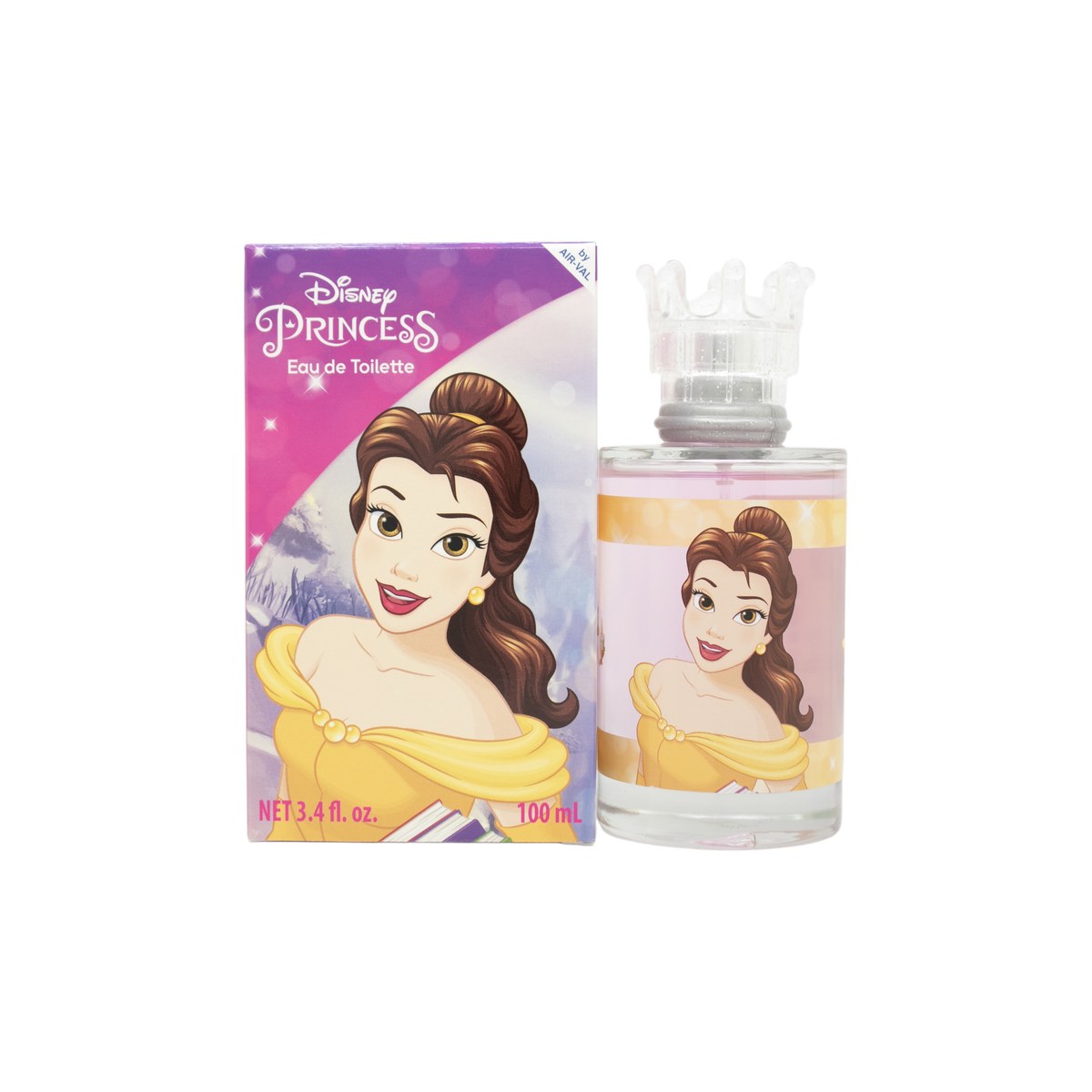 Air-Val Disney Princess Belle Eau de Toilette 100 ml – Rund, klar flakon med gyldent låg og motiv af Belle i gul kjole