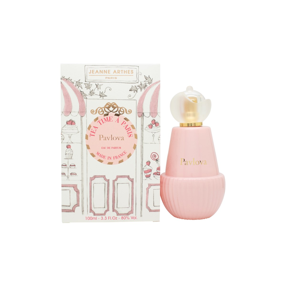 Jeanne Arthes Tea Time à Paris Pavlova Eau De Parfum, Jeanne Arthes, 100 ml–lyserød flakon med gulddetaljer og pavlova-etiket