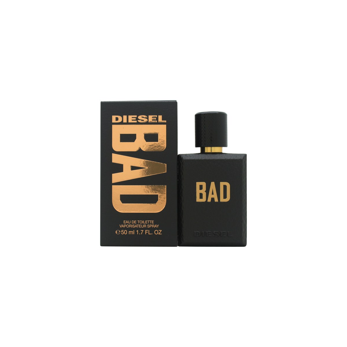 Diesel Bad Eau de Toilette 50 ml, Diesel – mørkeblå hammerformet glasflaske med guldfarvet spraytop og industrielt design