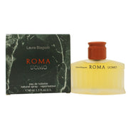 Roma Uomo Eau De Toilette Laura Biagiotti 40 ml, klassisk søjleformet flaske i riflet glas med varm ravfarve og gyldent låg.