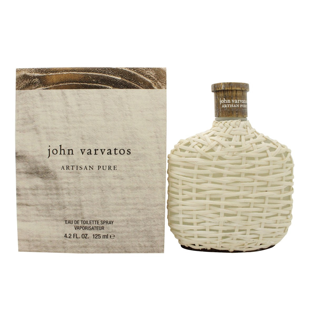 John Varvatos Artisan Pure Eau de Toilette 125 ml – hvid flettet flakon med sølvhals og klart glaslook