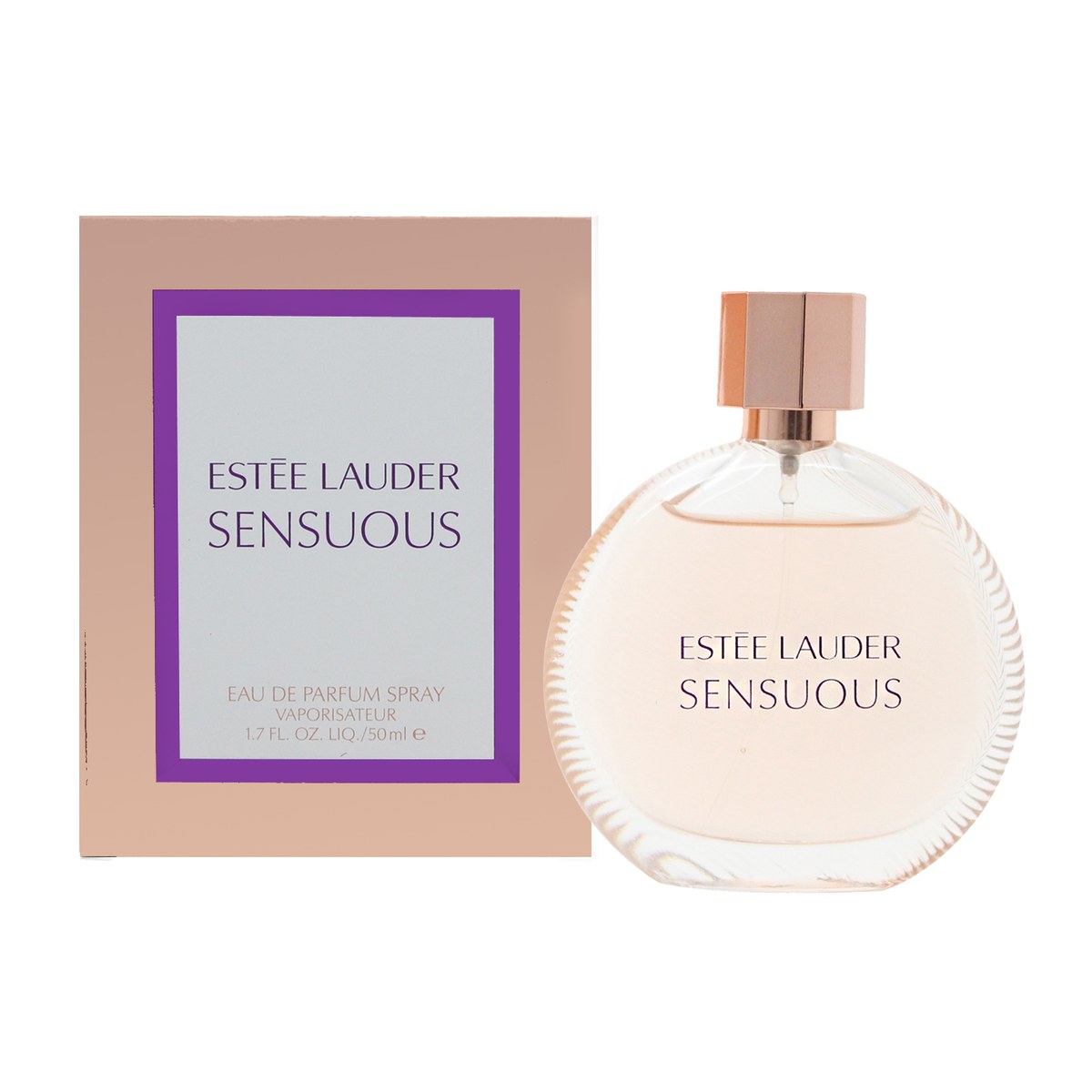 Estee Lauder Sensuous Eau de Parfum, Estée Lauder, 50 ml – ravfarvet glasflaske med bløde kurver og gylden kubisk hætte