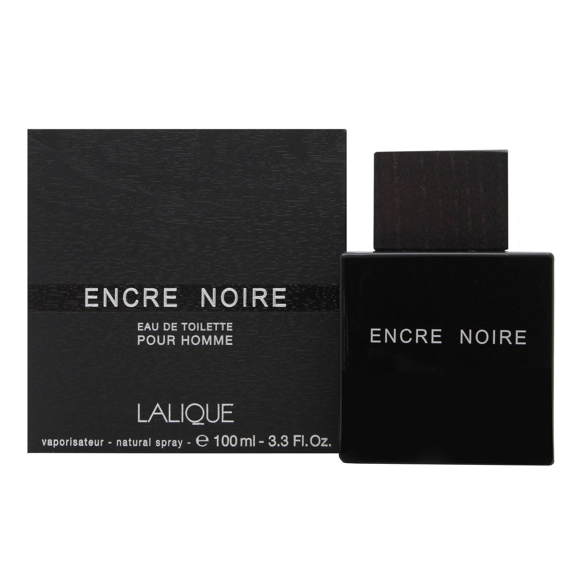 Lalique Encre Noire Eau de Toilette 100 ml – sort kvadratisk glasflakon med træhætte og minimalistisk design
