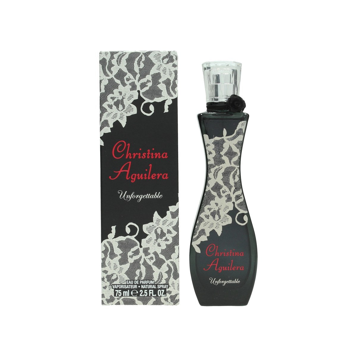 Christina Aguilera Unforgettable Eau de Parfum 75 ml – lilla flakon med sort blondeprint og elegant kvastdetalje