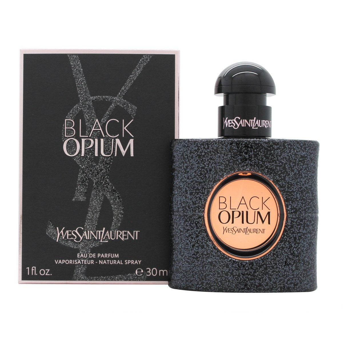 Yves Saint Laurent Black Opium Eau de Parfum 30 ml – sort, glitrende flakon med rund rosa logo og kantet glasdesign