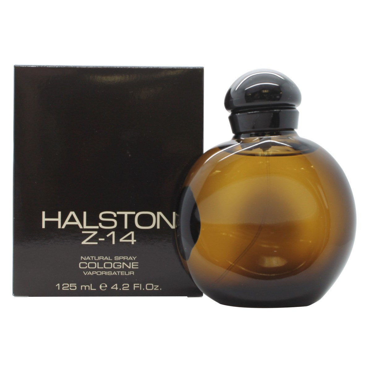 Halston Z-14 Eau de Cologne 125 ml, Halston – klar rektangulær glasflakon med gylden væske og sort låg, enkelt design.