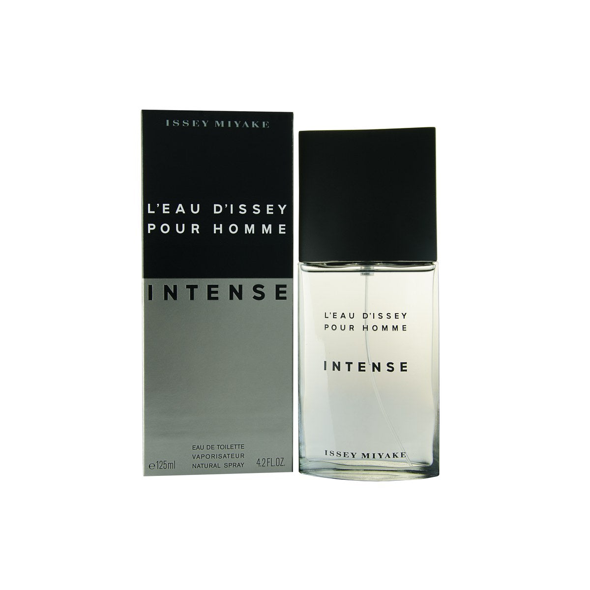 L'Eau D'Issey Pour Homme Intense, Issey Miyake, 125 ml – mørkgrå glasflakon med strømlinet form og sort minimalistisk låg
