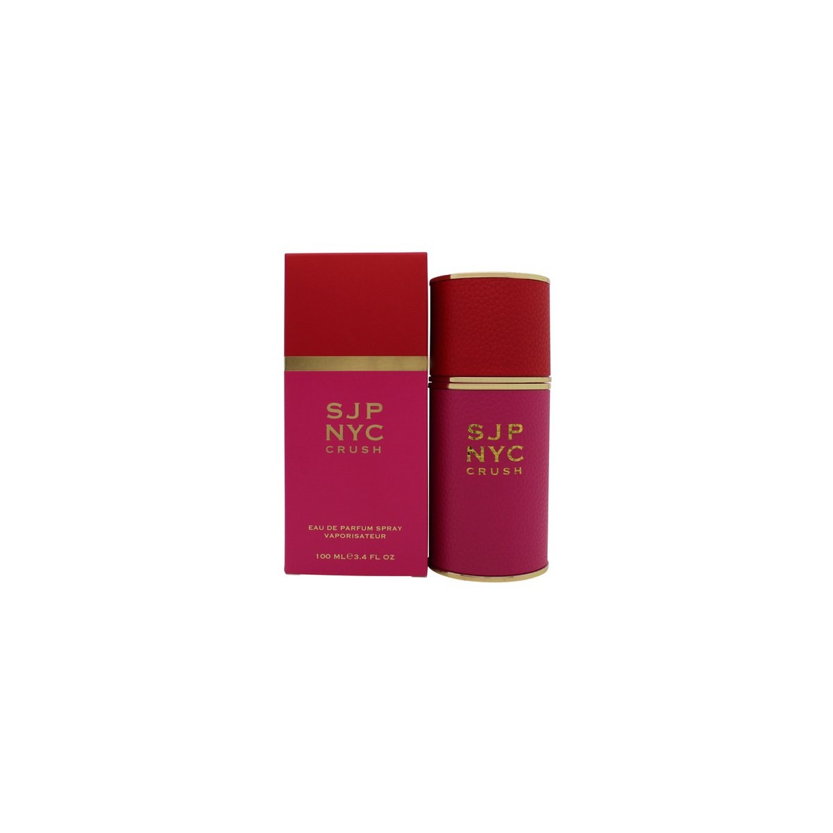 Sarah Jessica Parker SJP NYC Crush Eau de Parfum 100 ml – lyserød, facetformet glasflakon med sort låg og gyldent SJP-logo