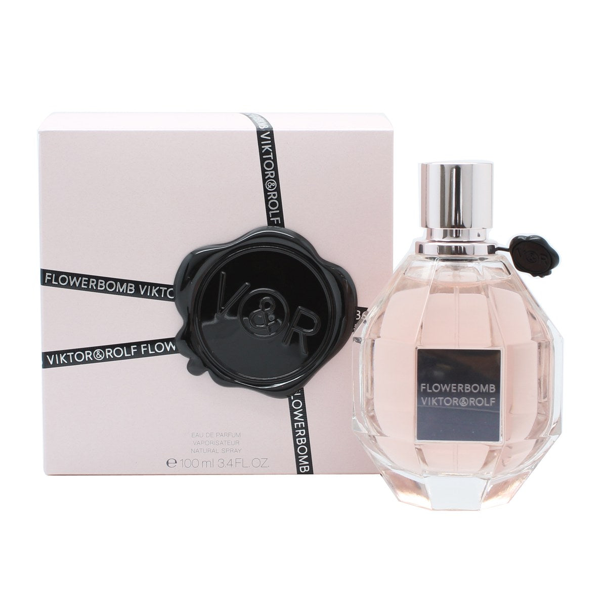 Viktor & Rolf FlowerBomb Eau de Parfum 100 ml, facetslebet granatformet glasflaske i rosatoner med sort forsegling