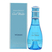 Cool Water Woman Eau De Toilette Davidoff 50 ml klarblå glasflaske formet som vanddråbe med sølvkappe og enkelt maritimt design