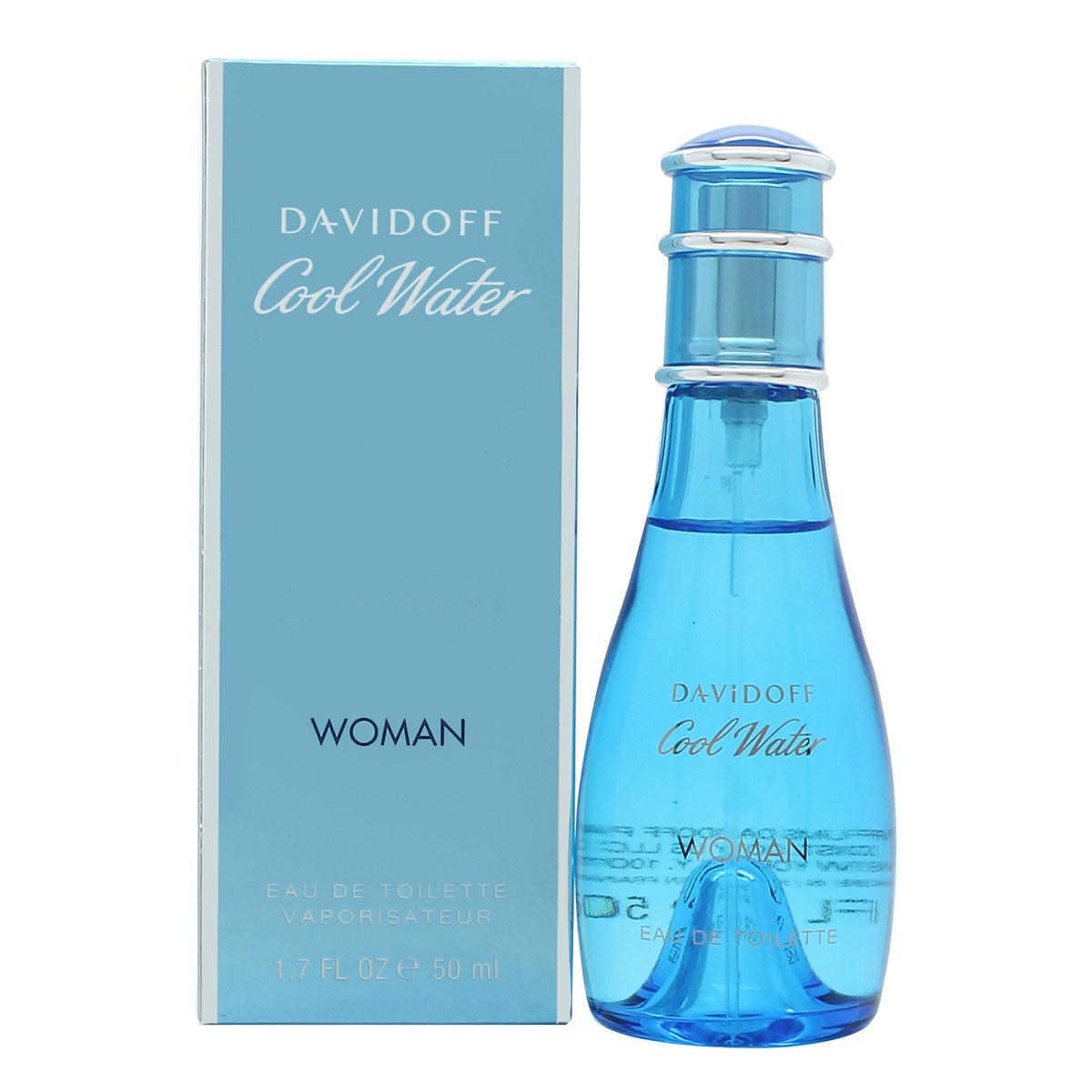 Cool Water Woman Eau De Toilette Davidoff 50 ml klarblå glasflaske formet som vanddråbe med sølvkappe og enkelt maritimt design