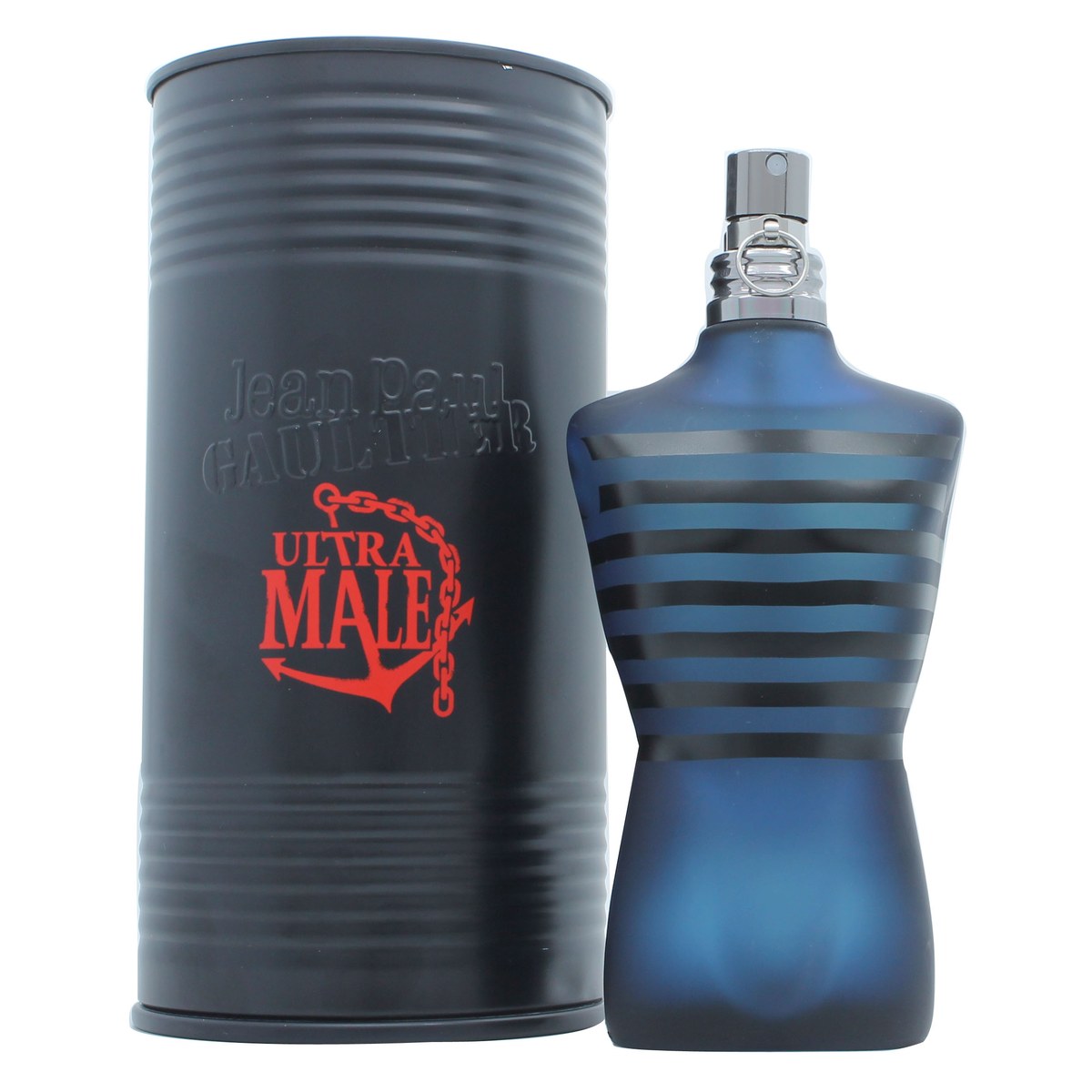 Jean Paul Gaultier Ultra Male Eau de Toilette Intense 125 ml – blå torsoformet flakon med sorte striber og sølv sprayhoved