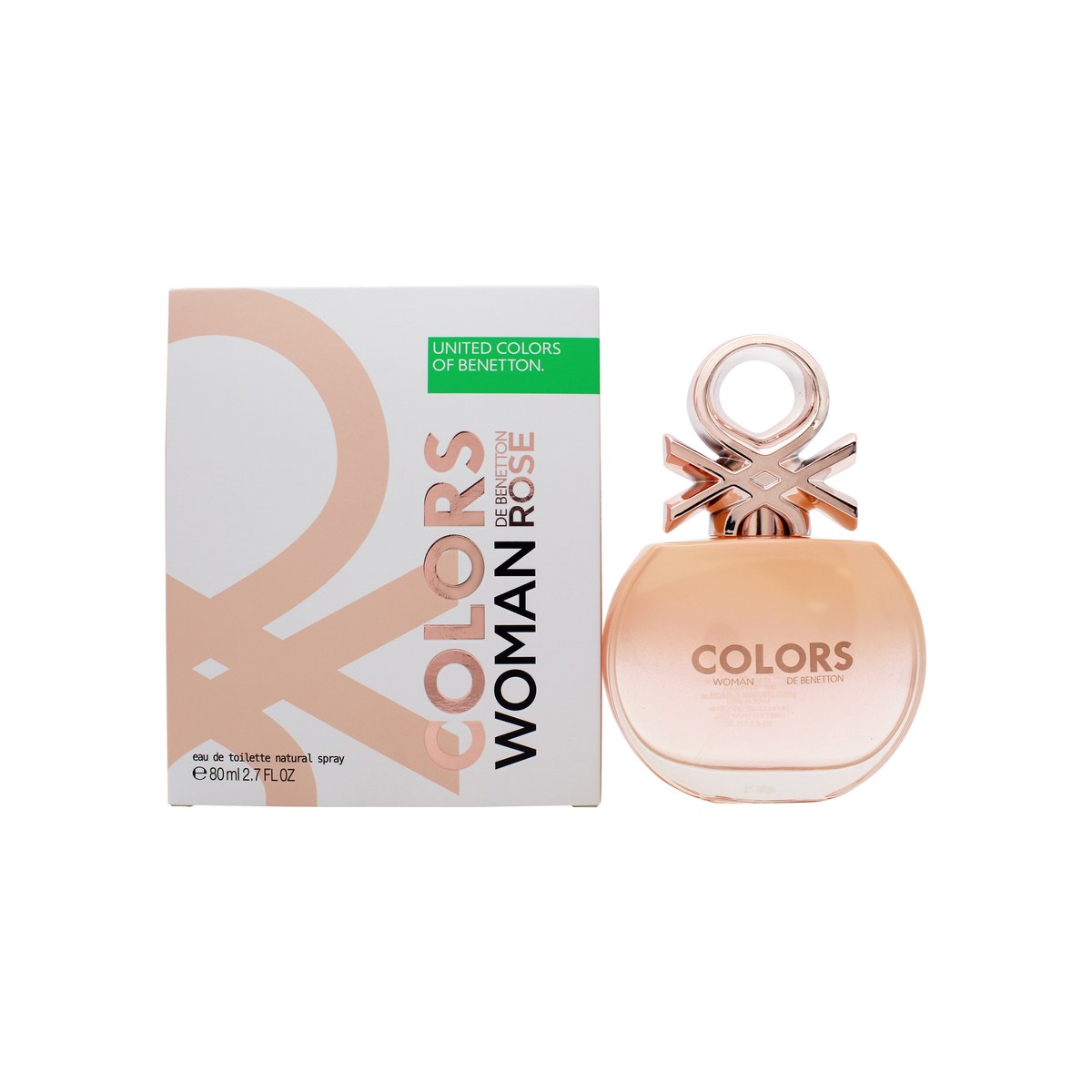 Benetton Colors Woman Rose Eau de Toilette 80 ml fra Benetton, klar glasflaske med pink duft og sølvfarvet låg