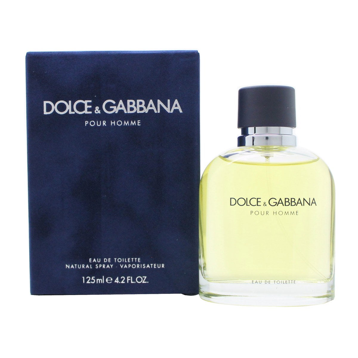 Dolce & Gabbana Pour Homme Eau De Toilette, Dolce & Gabbana 125 ml, klar glasflaske med rene linjer, sølvetiket og mørkegrønt låg