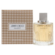Illicit Eau De Parfum 100 ml, Jimmy Choo – rektangulær facetteret glasflaske med gylden ravfarvet duft og guldfarvet låg