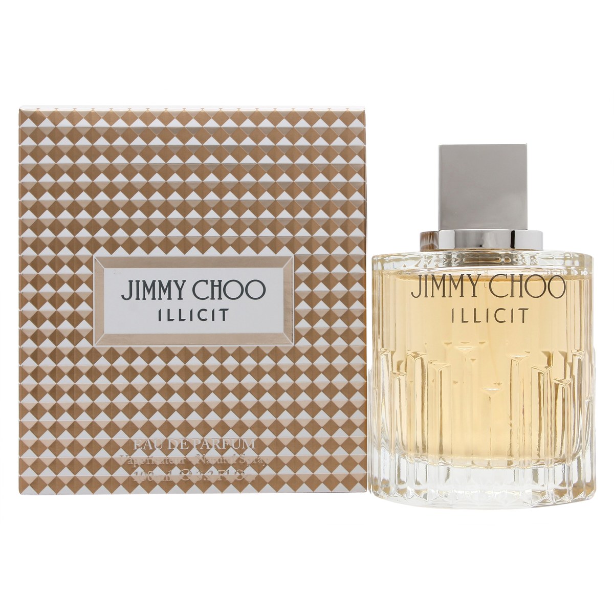 Illicit Eau De Parfum 100 ml, Jimmy Choo – rektangulær facetteret glasflaske med gylden ravfarvet duft og guldfarvet låg