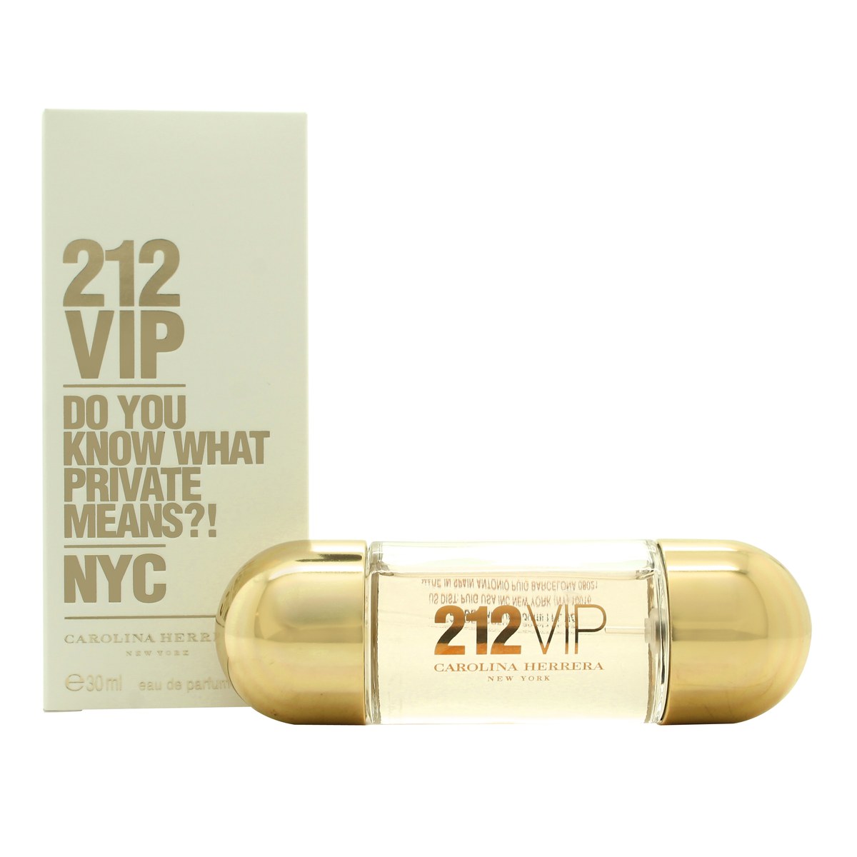 212 Vip Eau De Parfum Carolina Herrera 30 ml, gylden cylindrisk flakon i metallisk finish med indgraveret VIP-tekst