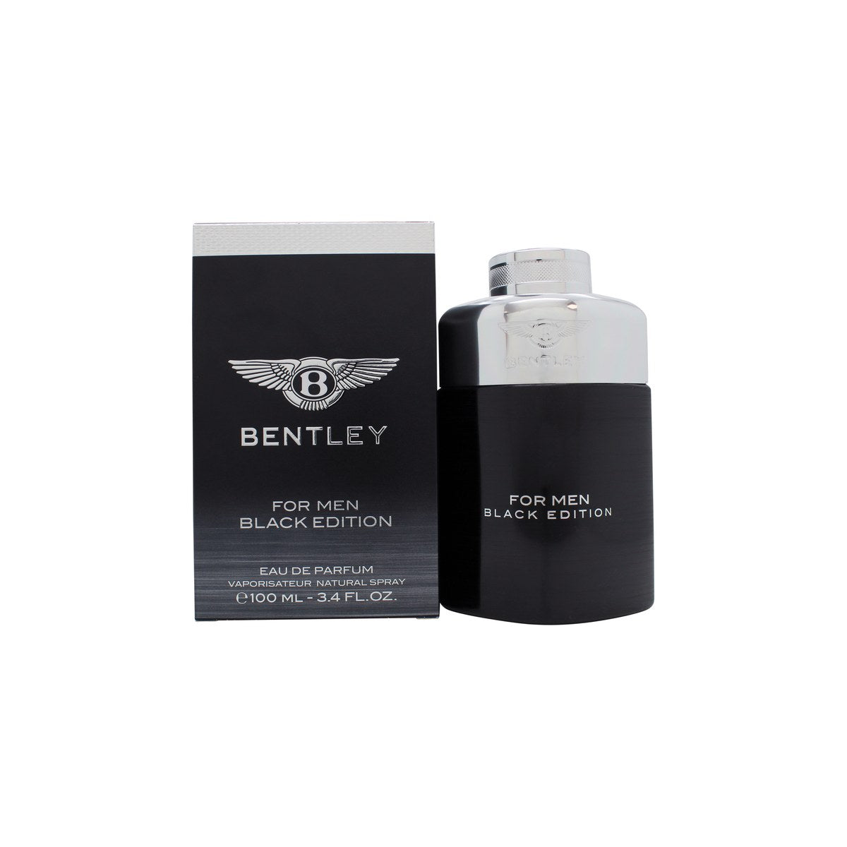 Bentley For Men Black Edition Eau de Parfum 100 ml, Bentley – sort rektangulær flakon i mat glas med sølvfarvet låg og logo