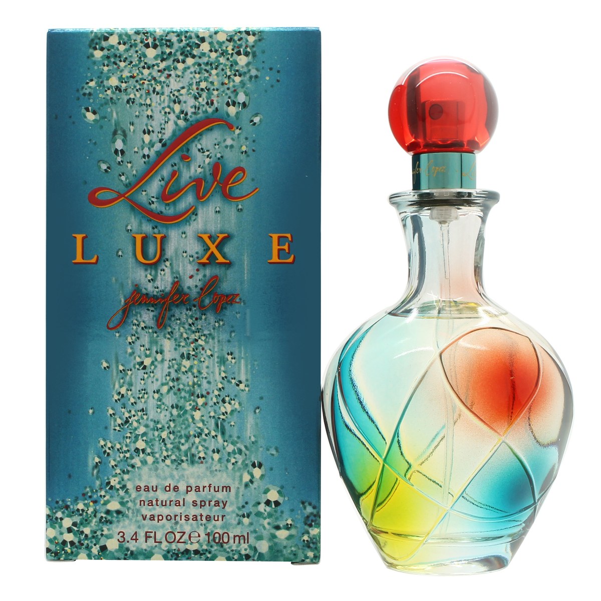 Jennifer Lopez Live Luxe Eau de Parfum 100 ml – buet glasflakon i blå, lilla og grønne nuancer med sølvspray og rund hætte