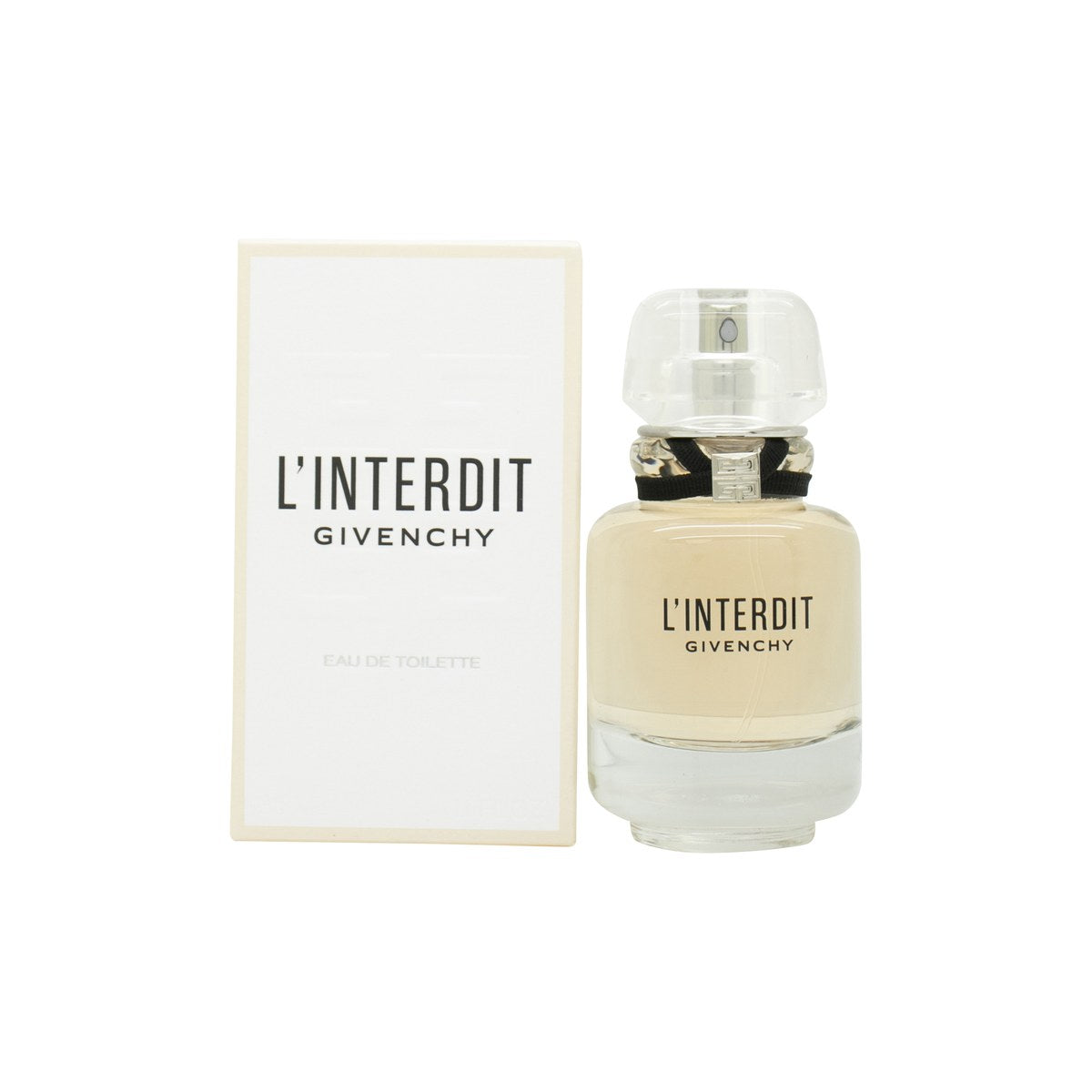 L'Interdit Eau De Toilette Givenchy 35 ml, klar glasflaske med sort bånd, 4G-logo og lys ravfarvet indhold
