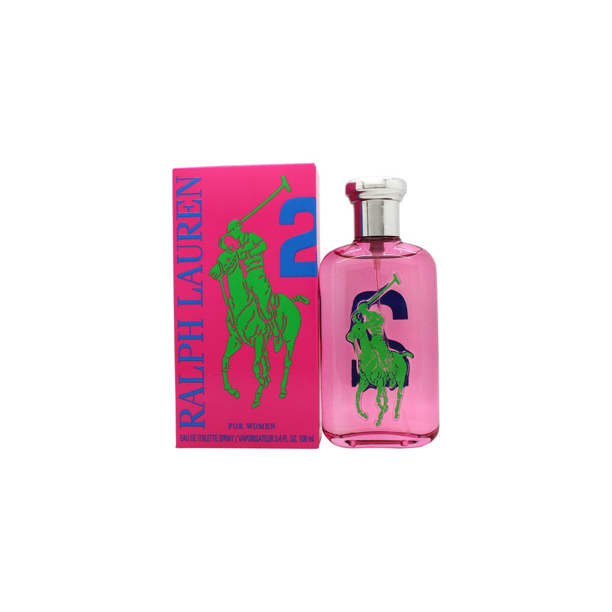 Ralph Lauren Big Pony 2 for Women Eau de Toilette 100 ml, pink rund flakon med limegrøn hestelogo og sølvfarvet låg
