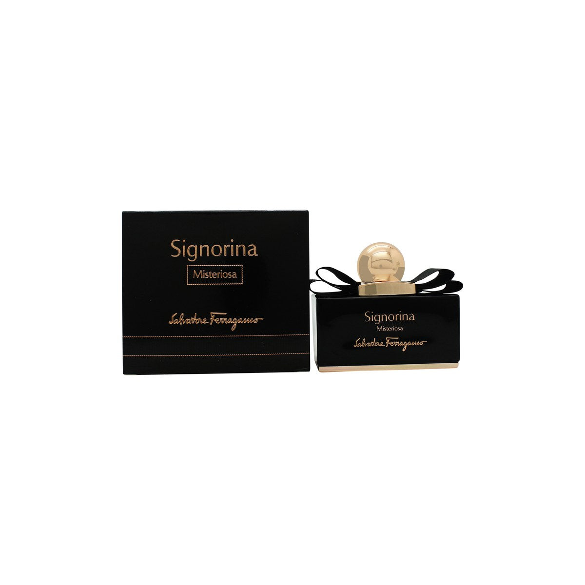 Salvatore Ferragamo Signorina Misteriosa Eau De Parfum 50 ml, sort rektangulær glasflakon med gylden kugletop og sorte bånd