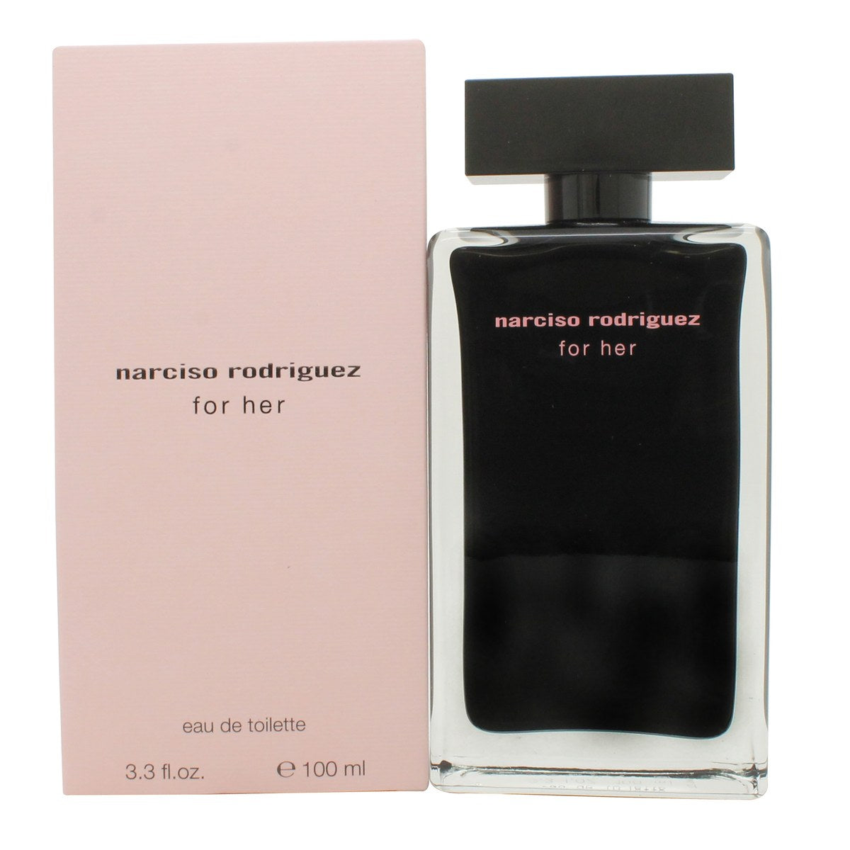 For Her Limited Edition Eau De Toilette Narciso Rodriguez 100 ml, lyserød rektangulær glasflaske med sort låg.