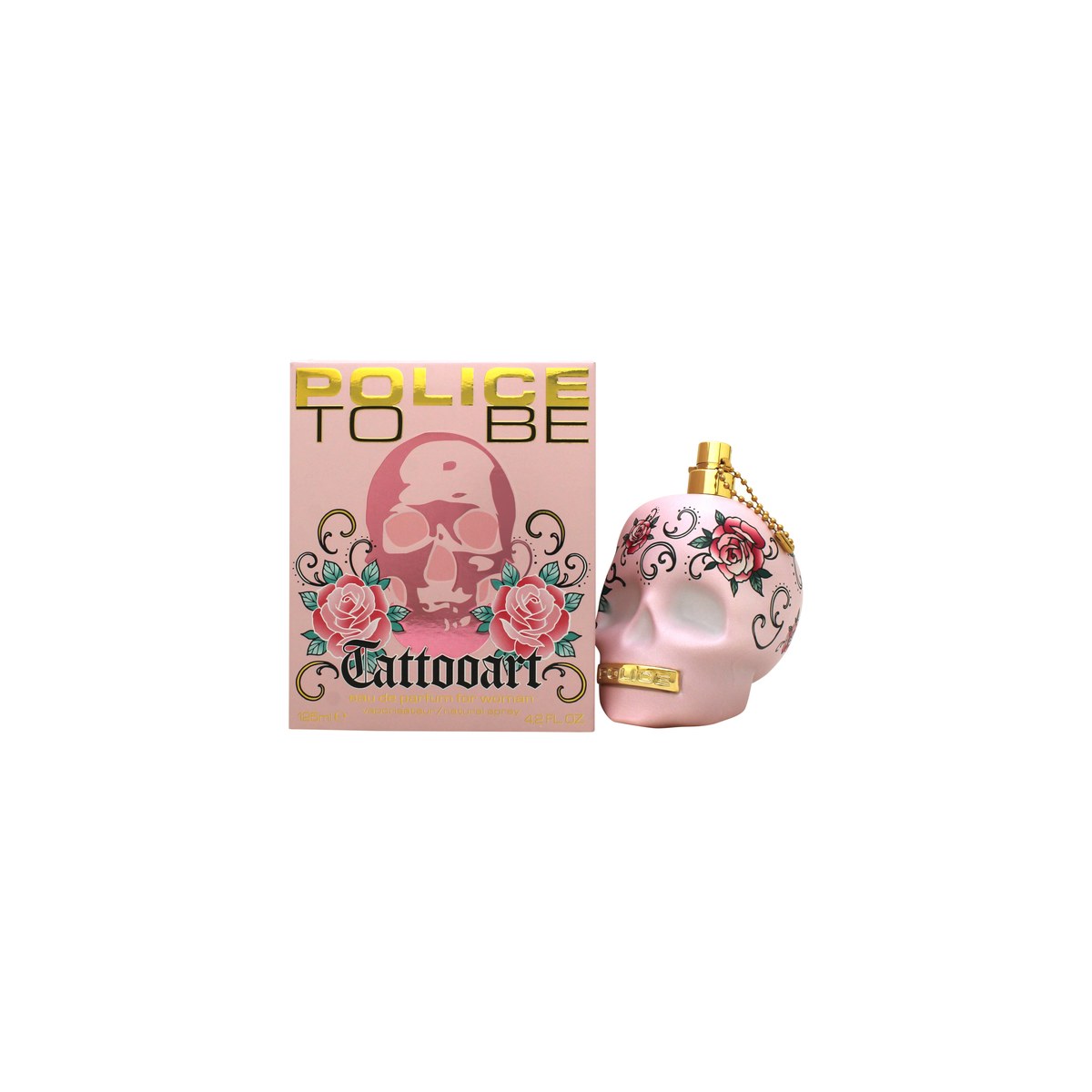 Police To Be Tattooart Eau de Toilette 125 ml, Police – sort kranieformet flakon med farverige tattoo-motiver og guldfarvet top