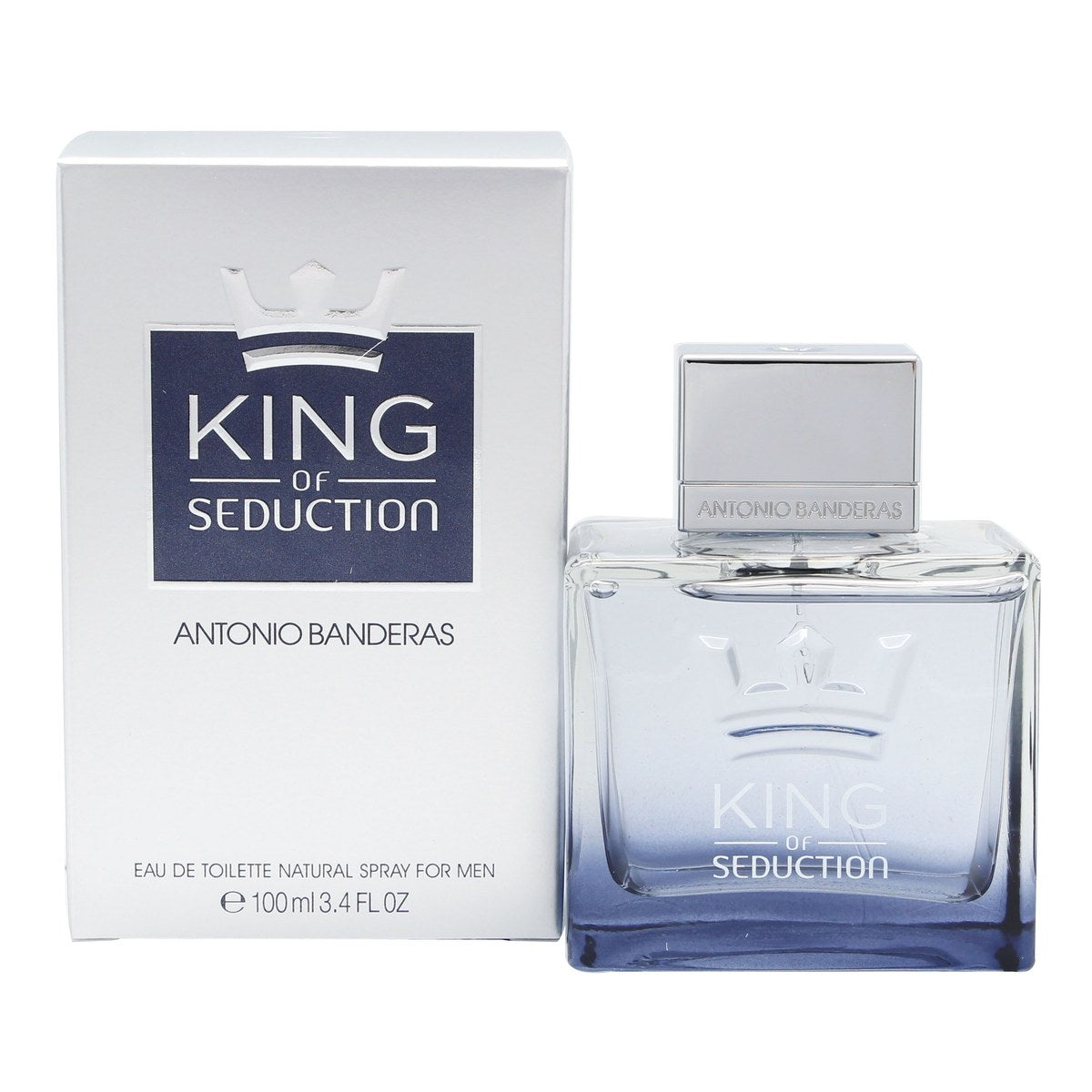 Antonio Banderas King Of Seduction Eau de Toilette, Antonio Banderas, 100 ml – blå glasflaske med sølvkapsel og rene linjer.
