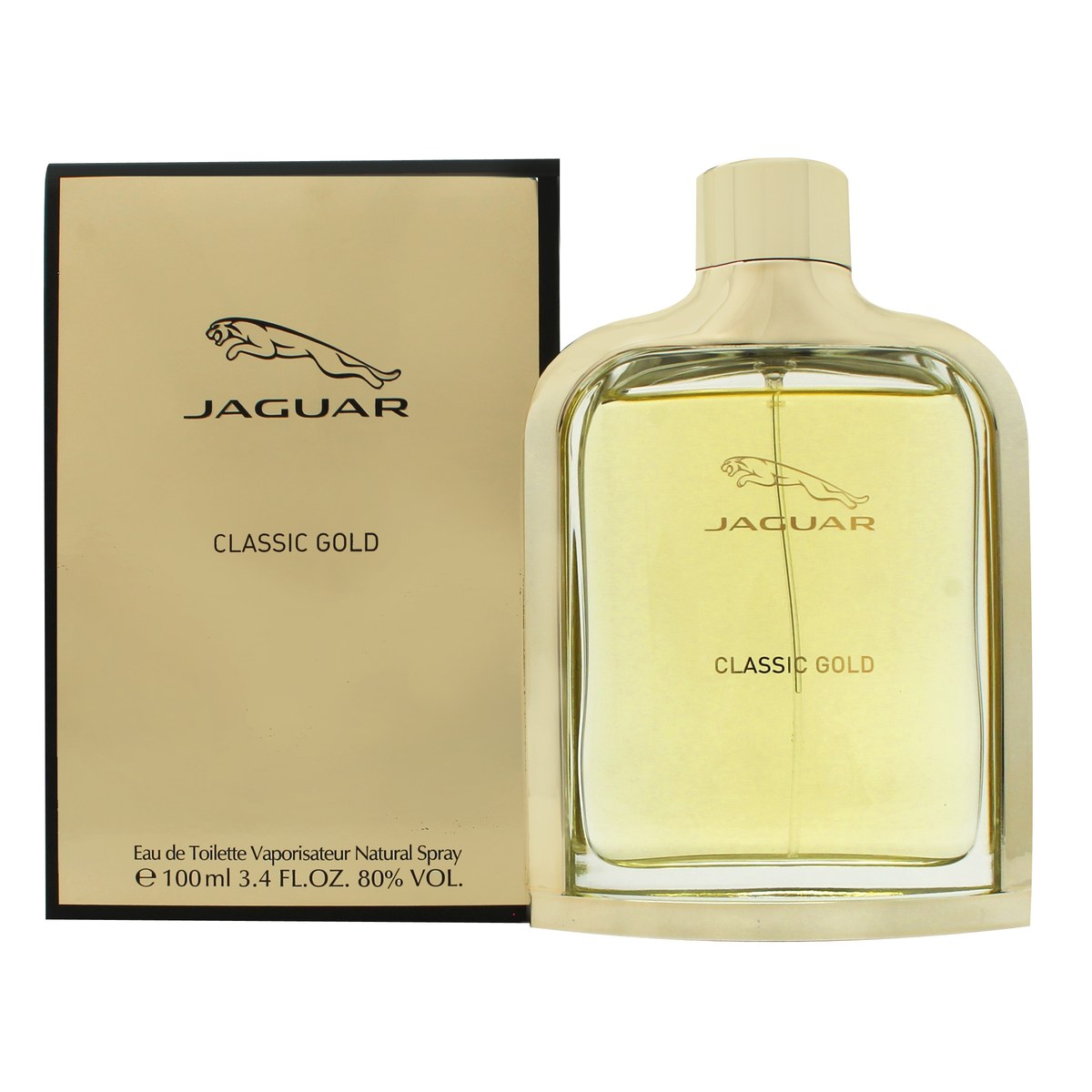 Jaguar Classic Gold Eau de Toilette 100 ml fra Jaguar i klar, firkantet flakon med gylden væske og guldfarvet låg