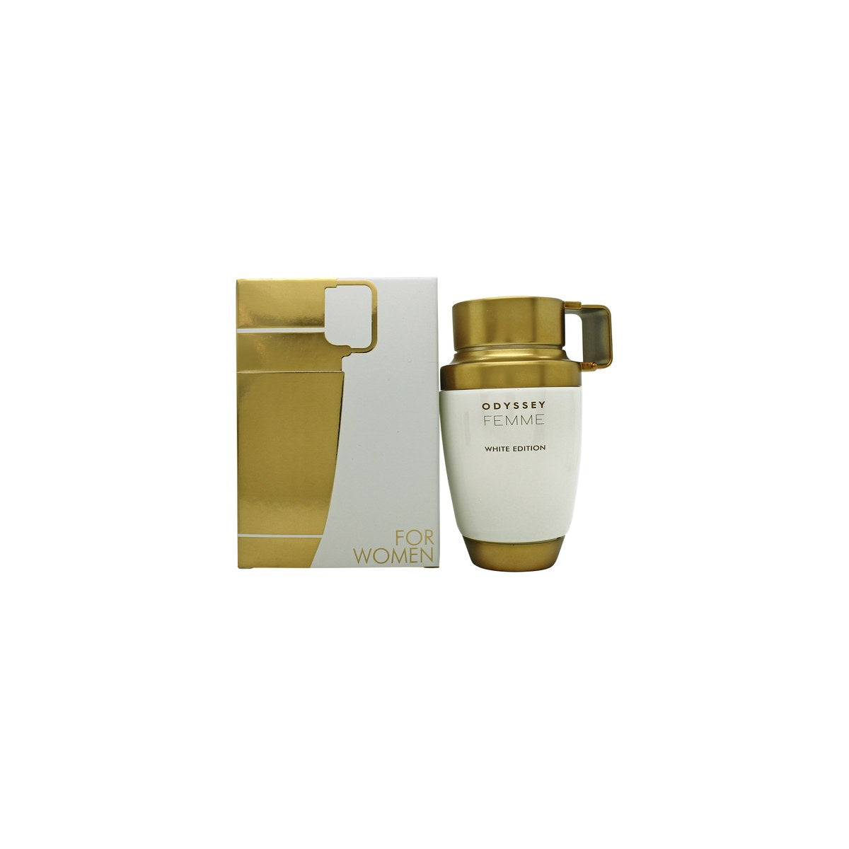 Armaf Odyssey Femme White Edition Eau de Parfum 80 ml – hvid, rektangulær flakon med gulddetaljer og rundt låg