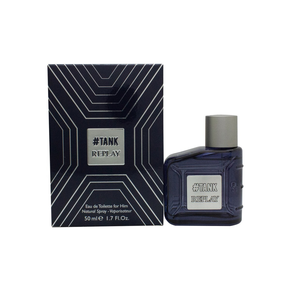 Replay #Tank For Him Eau de Toilette, Replay, 50 ml – transparent tanktopformet glasflakon med lyseblå duft og sølv spraytop