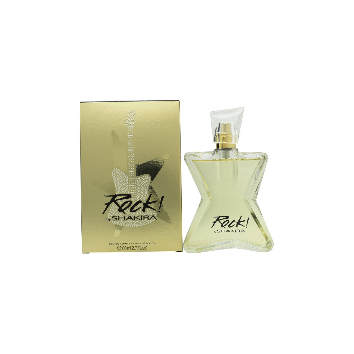Shakira Rock! Eau de Toilette, Shakira, 80 ml – lyserød glasflakon formet som guitar med sølvhals og sort låg