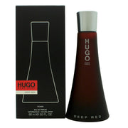 Deep Red Eau De Parfum, Hugo Boss, 90 ml i dybrød transparent glasflaske med afrundet form og sølvfarvet låg