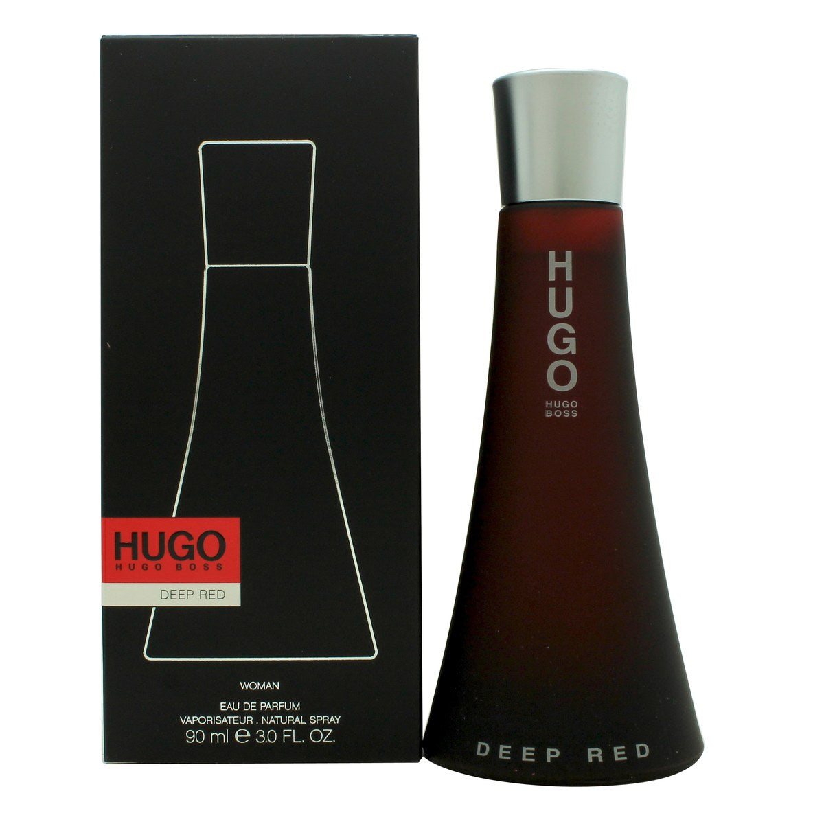 Deep Red Eau De Parfum, Hugo Boss, 90 ml i dybrød transparent glasflaske med afrundet form og sølvfarvet låg
