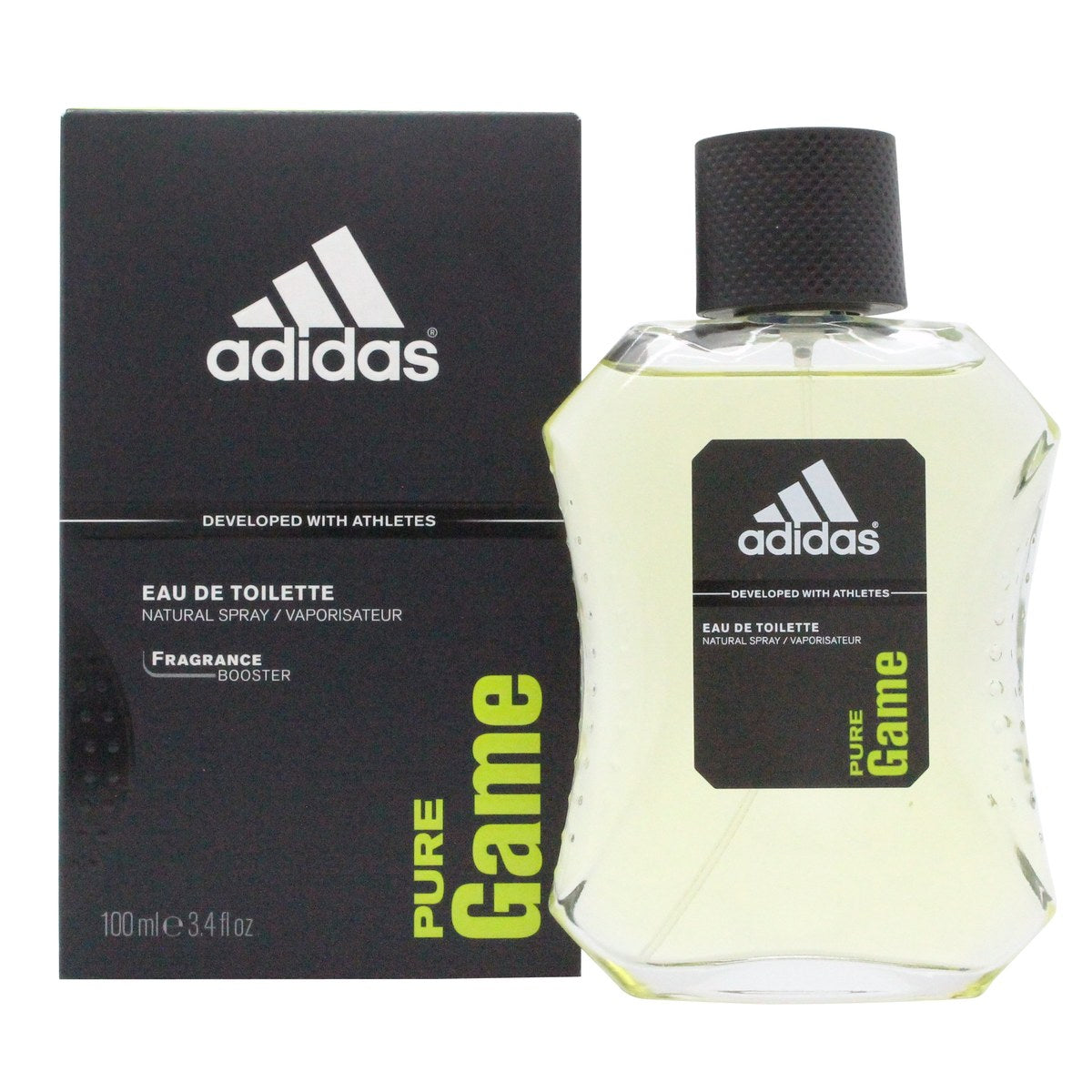 Adidas Pure Game Eau De Toilette 100 ml i mørkeblå, slank flaske med lodrette striber og sølvfarvet låg