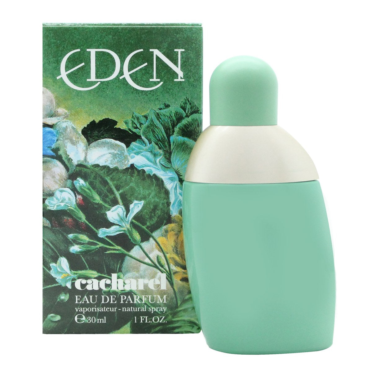 Cacharel Eden Eau de Parfum 30 ml – grøn rund flakon i transparent glas med bladformet guldkap.