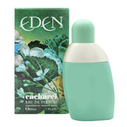Cacharel Eden Eau de Parfum 30 ml – grøn rund flakon i transparent glas med bladformet guldkap.