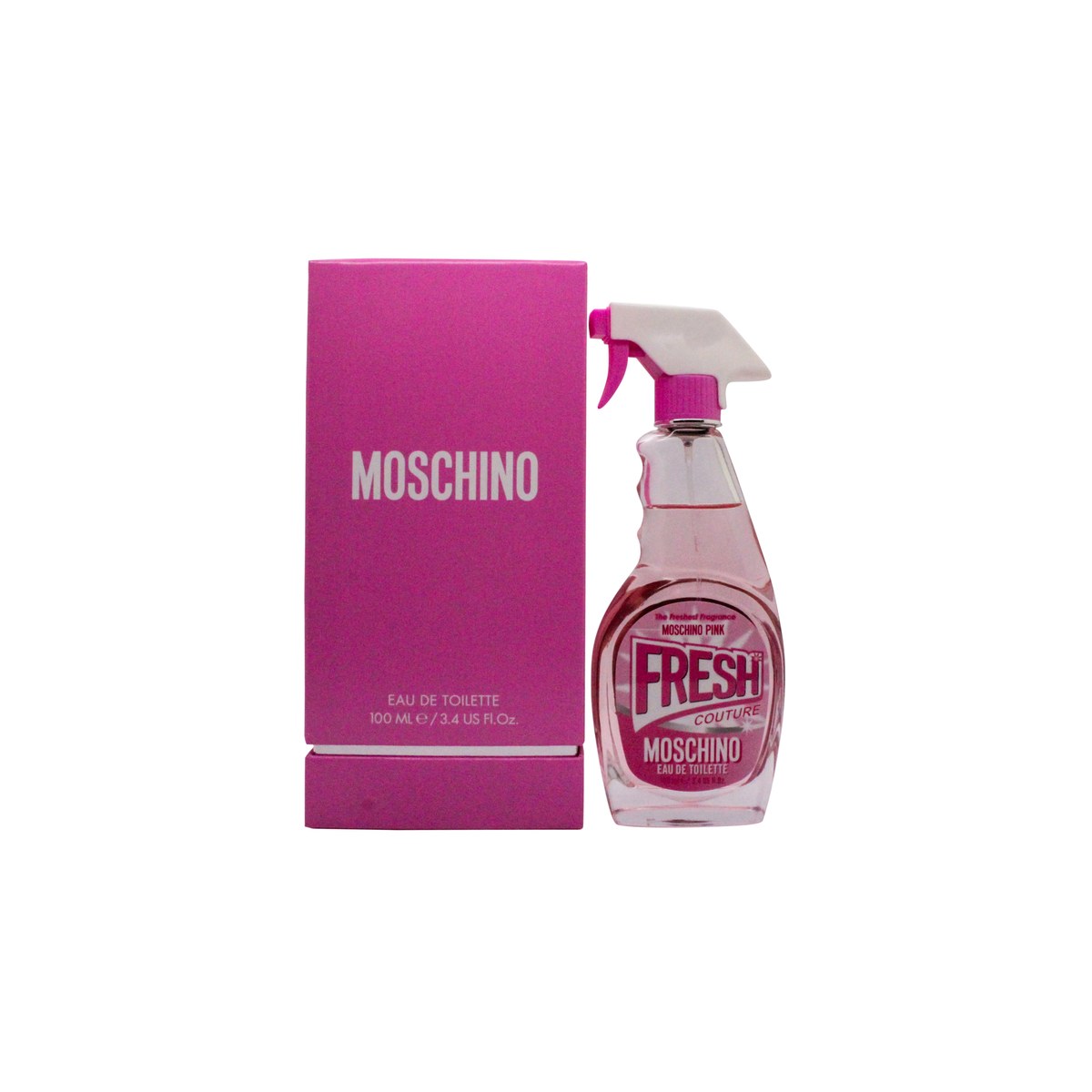 Fresh Couture Pink Eau De Toilette Moschino 100 ml, pink sprayformet glasflakon med sort sprayhoved og legende design