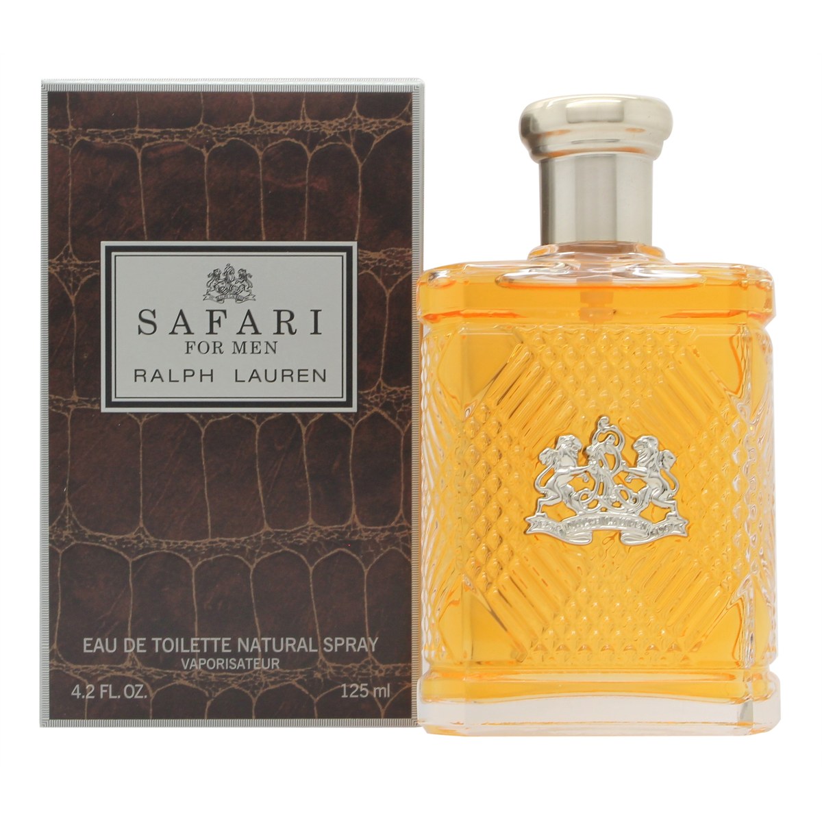 Ralph Lauren Safari Eau de Toilette 125 ml – klar rektangulær glasflaske med sølvkork og lys ravfarvet duft