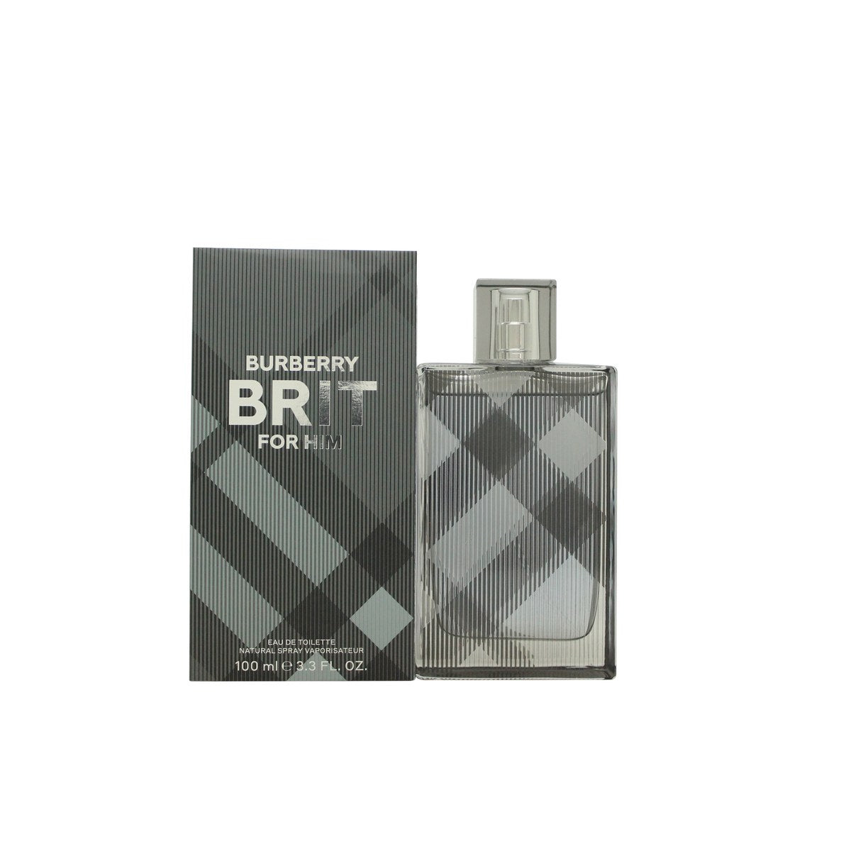 Burberry Brit Eau de Toilette, Burberry 100 ml, rektangulær glasflaske med beige tern og sølvfarvet låg i enkelt design