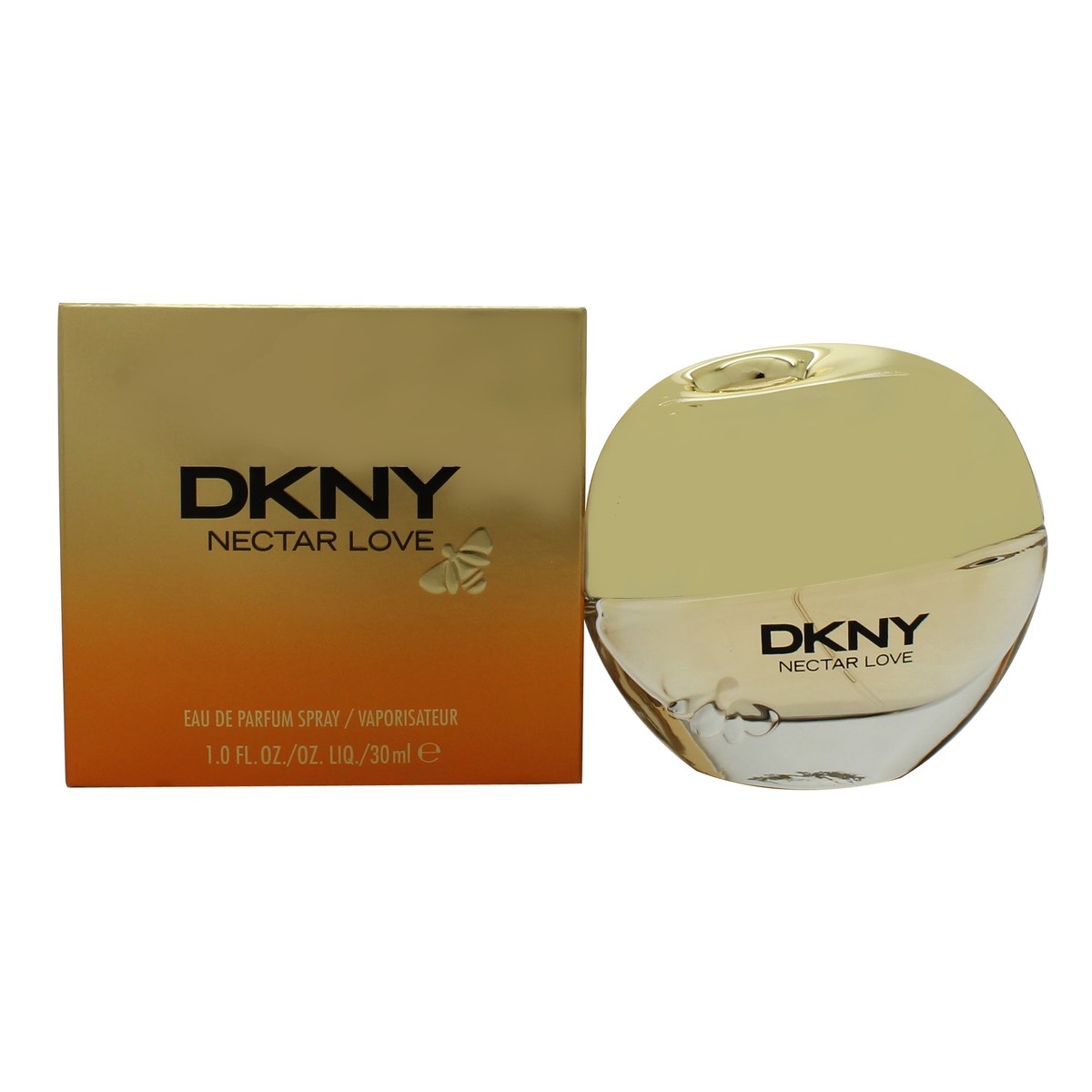 DKNY Nectar Love Eau de Parfum 30 ml – æbleformet klar glasflaske med gyldent skær, hjerte- og bi-detalje samt guldkapsel