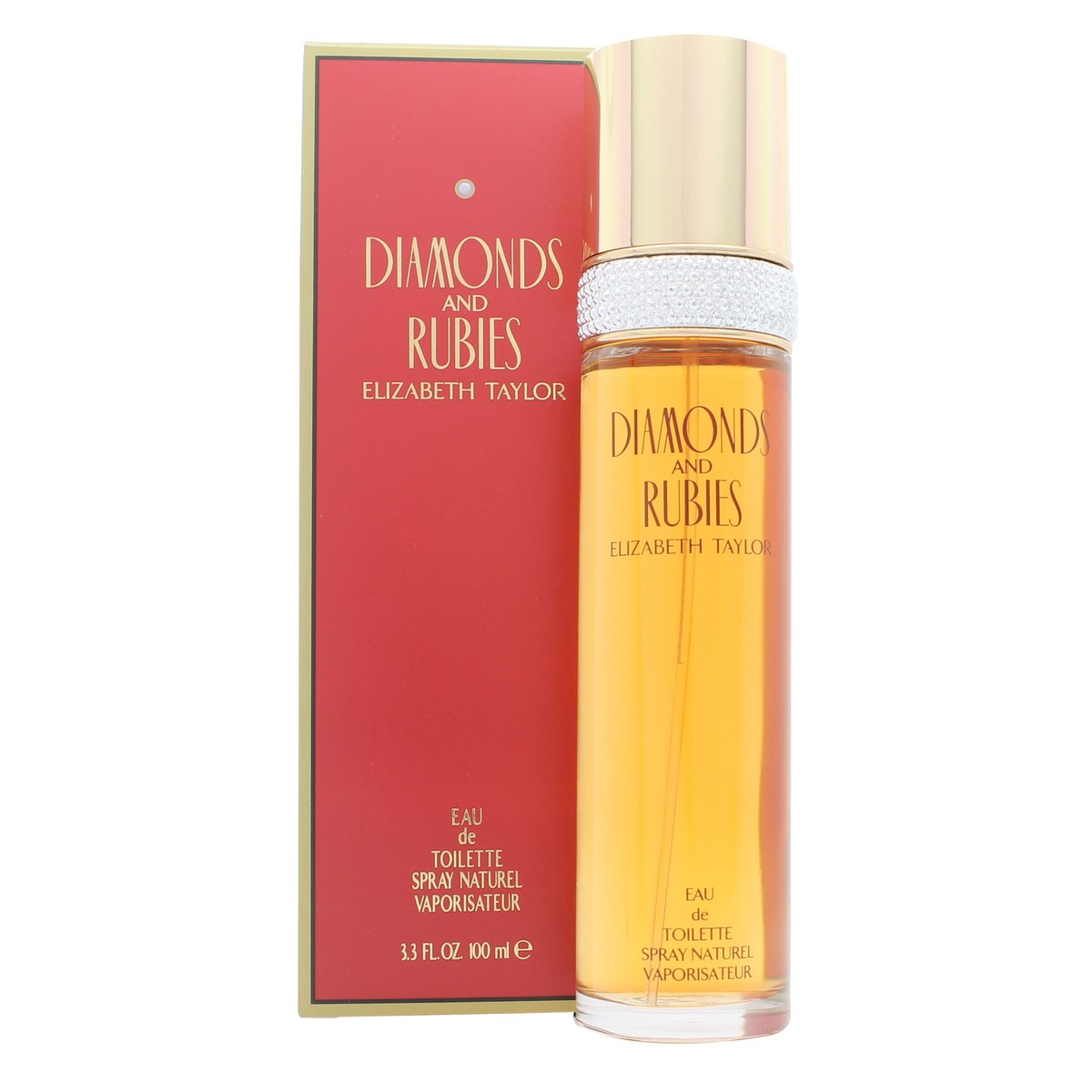Elizabeth Taylor Diamonds & Rubies Eau de Toilette 100 ml, Elizabeth Taylor – rød glasflakon med guld låg og buet design.