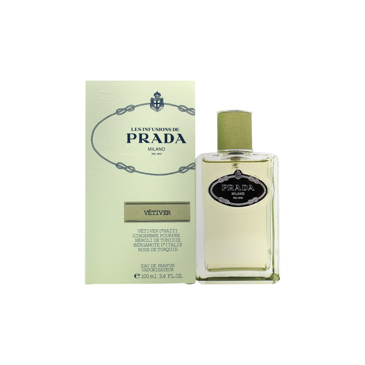 Prada Infusion de Vetiver Eau de Parfum 100 ml fra Prada, klar rektangulær glasflaske med grøn etiket og sølv låg.