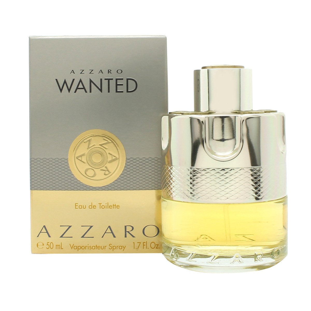 Azzaro Wanted Eau de Toilette, Azzaro, 50 ml – cylindrisk glasflaske med ravfarvet duft og sølvfarvet revolver-inspireret top