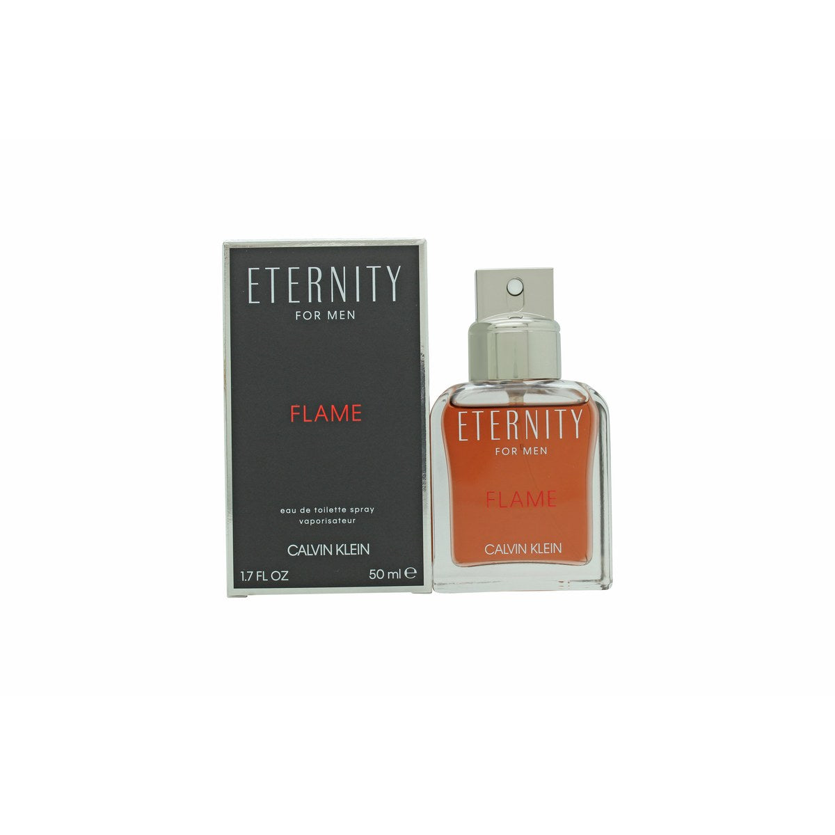Eternity Flame For Men Eau De Toilette Calvin Klein 50 ml, klar glasflaske i klassisk Eternity-form med varm rødlig tone