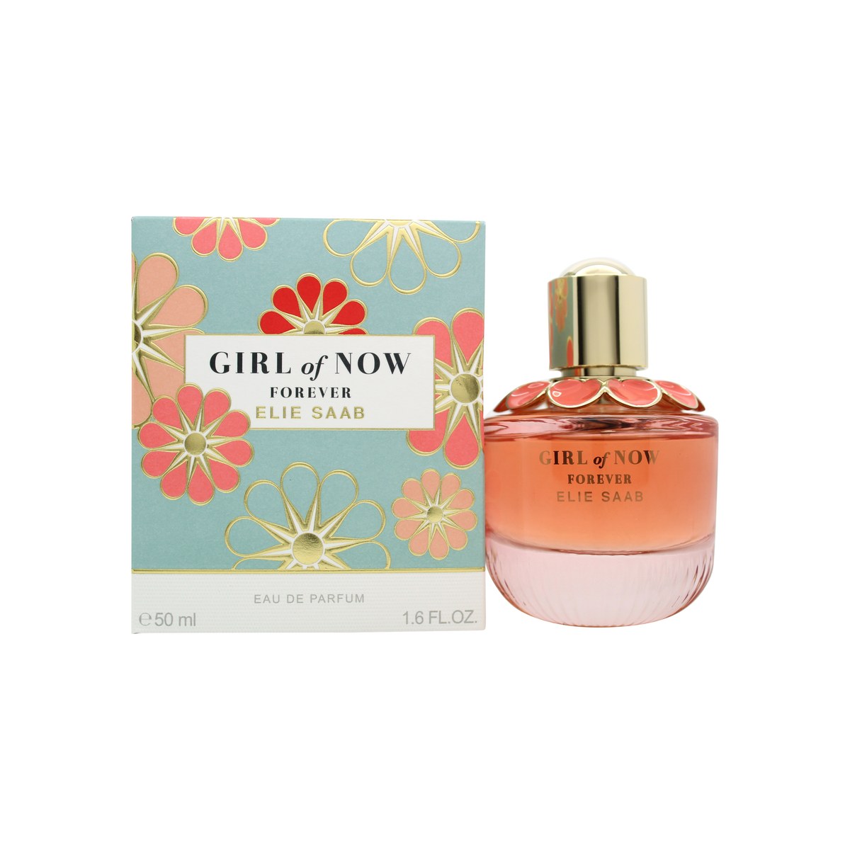 Girl Of Now Forever Eau De Parfum Elie Saab 50 ml, glasflakon i koralfarve med blomsterdetalje på halsen