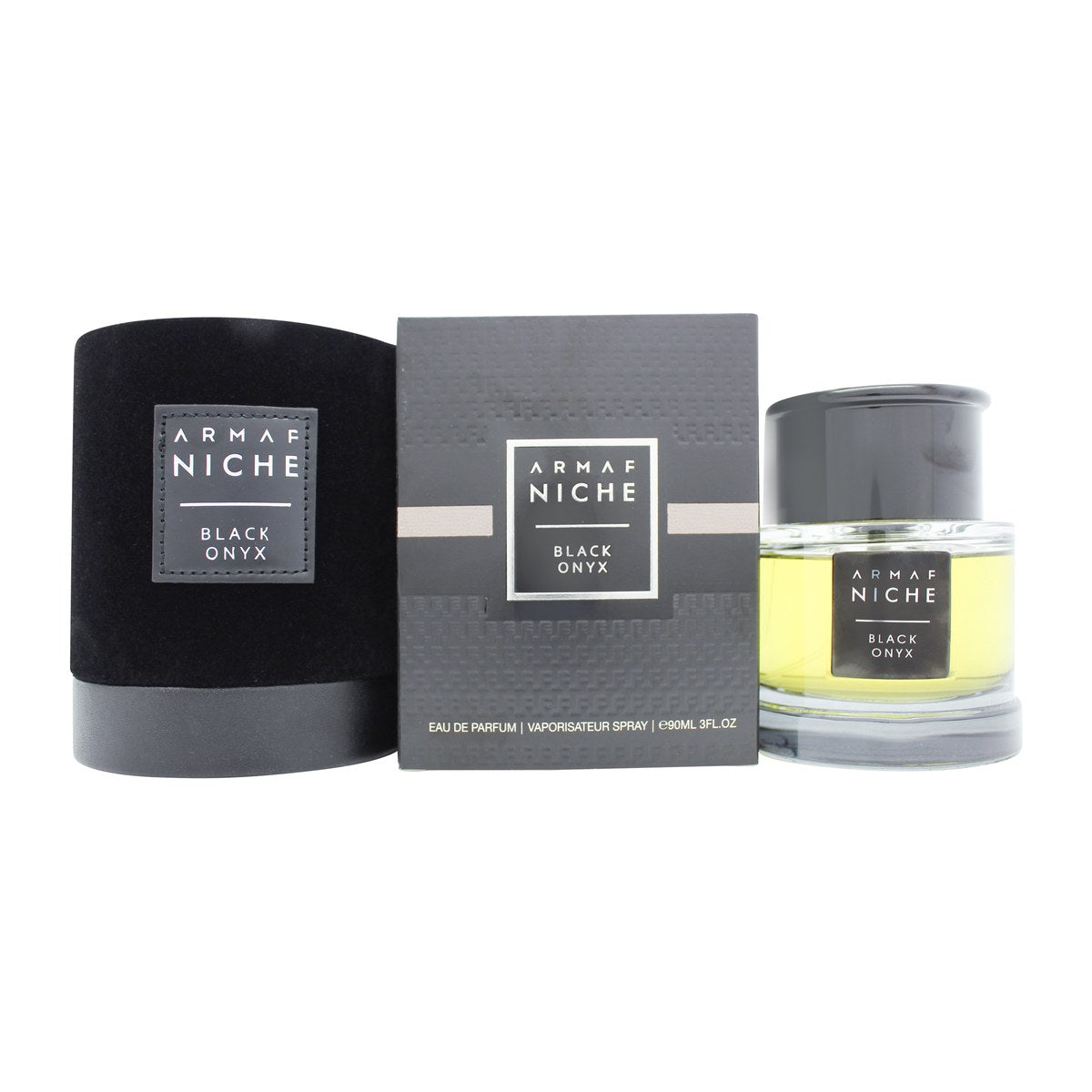 Armaf Niche Black Onyx Eau de Toilette 90 ml fra Armaf – sort, rektangulær glasflakon med sølvdetaljer og sort låg