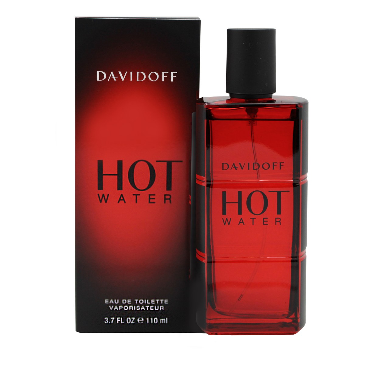 Hot Water Eau De Toilette Davidoff 110 ml rød flakon med slank, afrundet form, mat finish og sort låg
